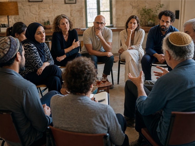 מעגל משתתפים מגוון בחדר קהילתי מקשיב בדיון אזרחי מתוח ומכבד ללא שלטים או טקסט קריא.