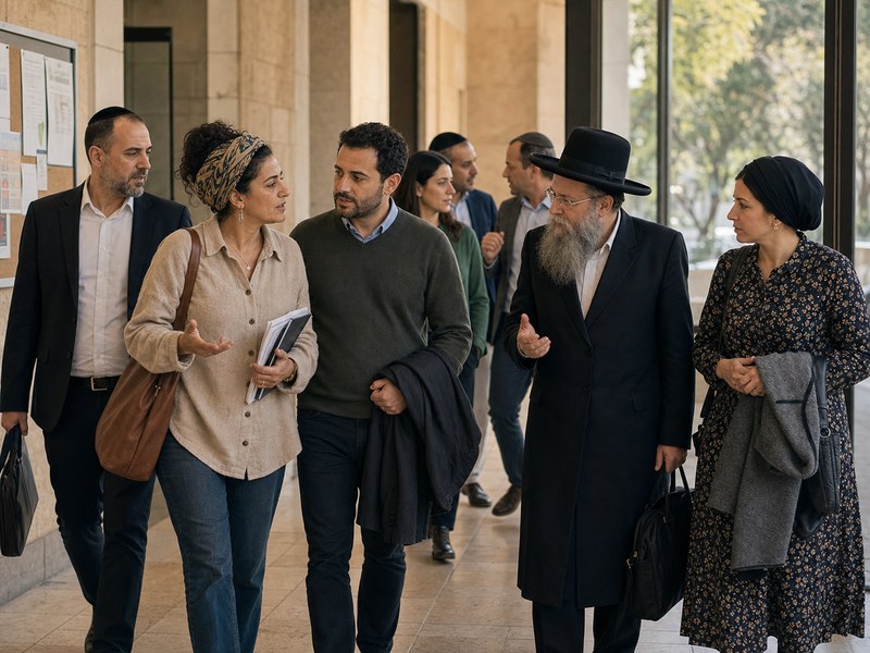 נציגים קהילתיים מגוונים בחדר דיון עירוני דנים במסמכי מדיניות אנונימיים על דת ומשילות.