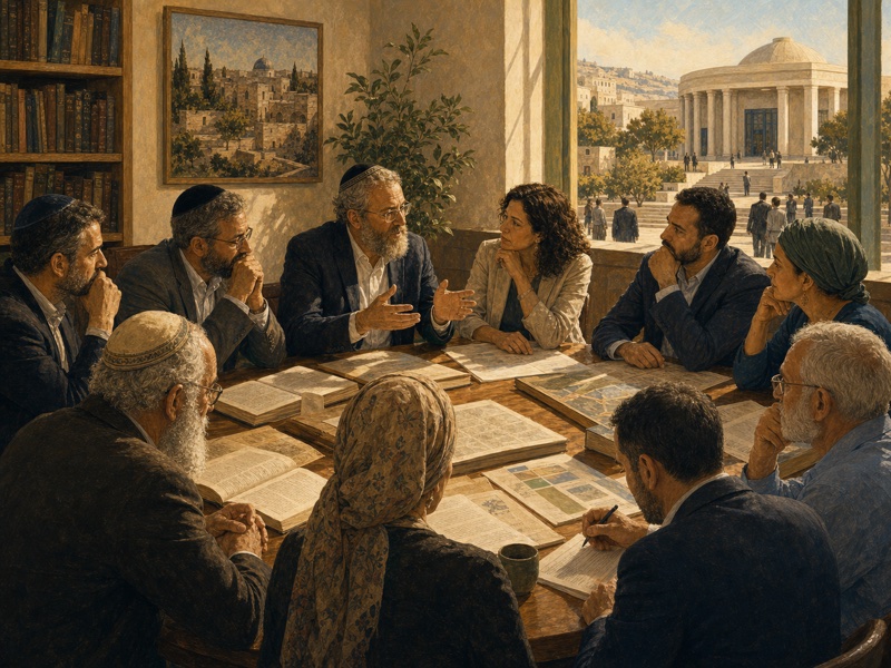 איור עריכתי חם של חדר לימוד אזרחי שבו רבנים, חוקרים ונציגי ציבור דנים בפשרה בין דת למדינה