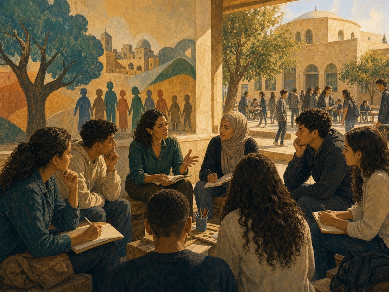 איור עריכתי חם של מרכז קהילתי וחצר בית ספר סביב שייכות אזרחית של בני נוער ערבים בישראל