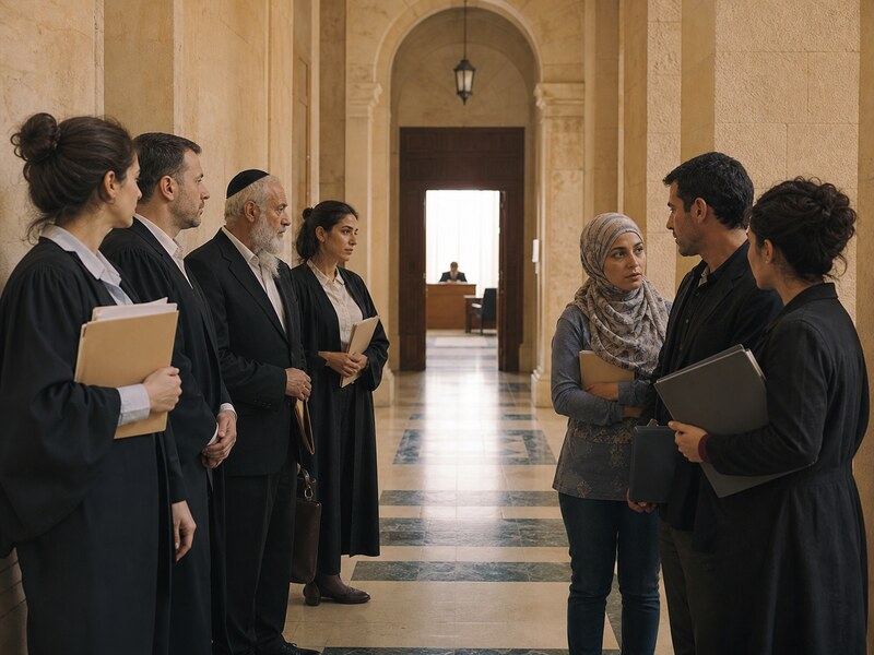 מסדרון בית משפט וקבוצות אזרחים הממחישים מתח בין זכויות, דת ומעמד אישי