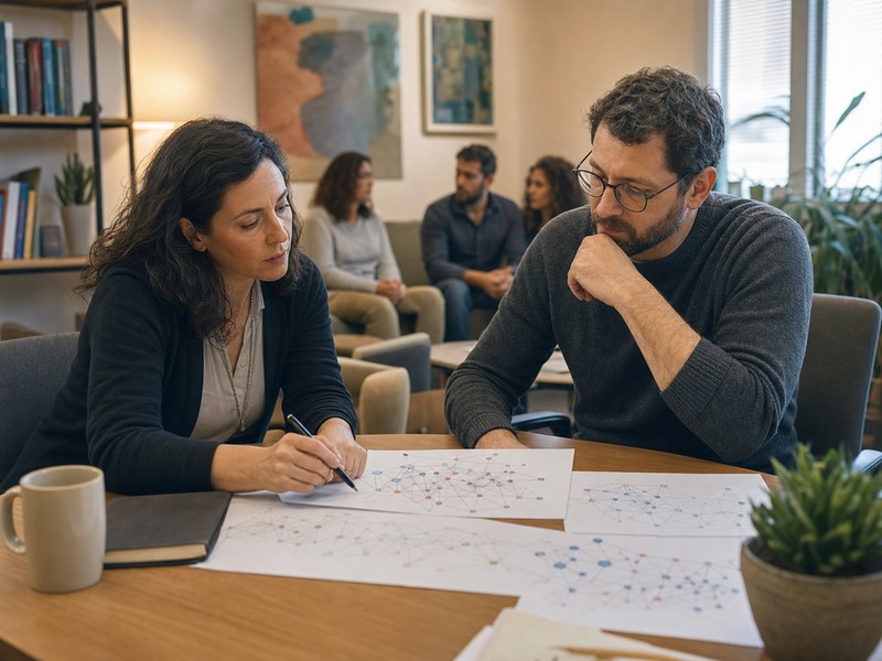 חוקרת ויועצת בקהילה בוחנות תרשים רשת מופשט על דפים מטושטשים בחדר תמיכה ללא טקסט קריא.