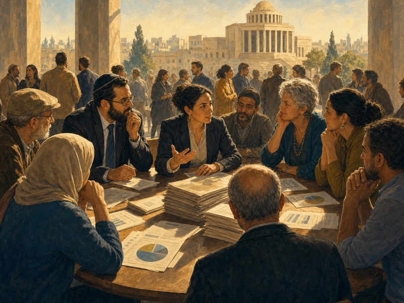 איור עריכתי חם של דיון ציבורי על תמיכת המדינה בדת, תקציבים ואמון בממשלה