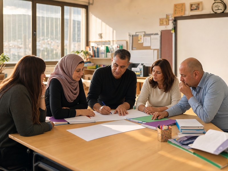 צוות חינוכי בבית ספר ערבי דן בתוכניות תמיכה לתלמידים סביב שולחן עבודה מואר וללא טקסט קריא.