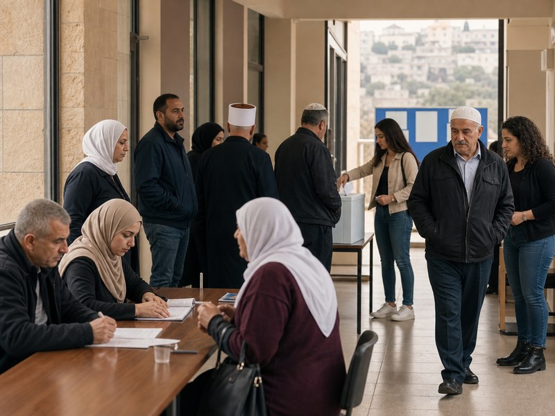 מרכז קהילתי המשמש קלפי מקומית עם אזרחים מגוונים ליד שולחן הצבעה וללא טקסט קריא.