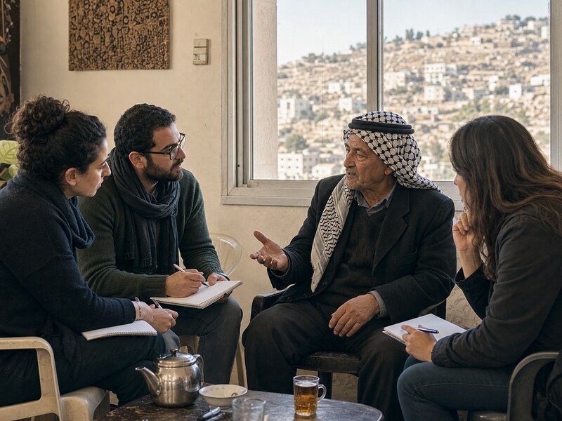 חוקרים מראיינים תושבים בחדר קהילתי על אמון פוליטי וזכויות בזמן סכסוך