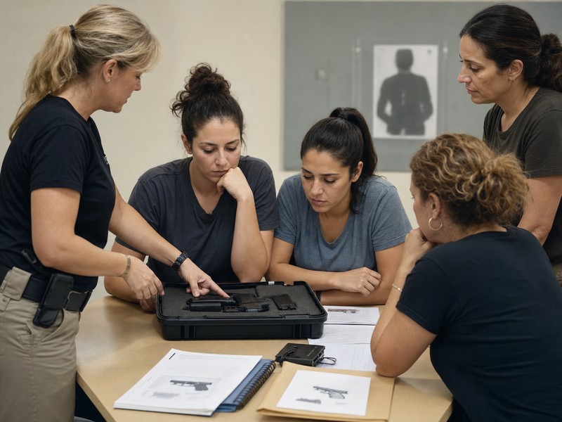 נשים יושבות בכיתת בטיחות אזרחית סביב נרתיק נעול וחומרי הדרכה ריקים ללא טקסט קריא.